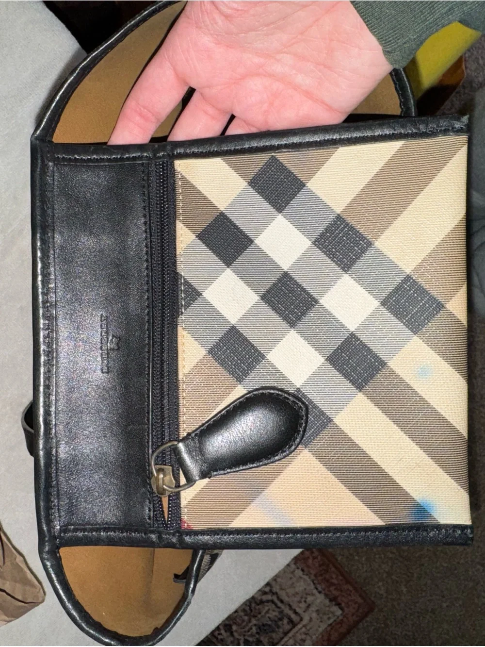 Burberry Beige Plaid Tote with Black Handles